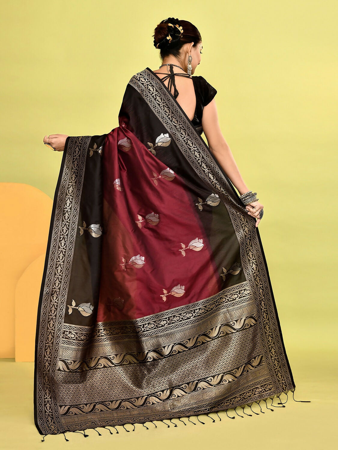 Maroon & Black Banarasi Silk Saree with Weaving Border