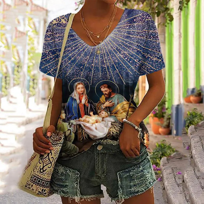 Women's Graphic Print V-Neck T-Shirt Casual Short Sleeve Tee