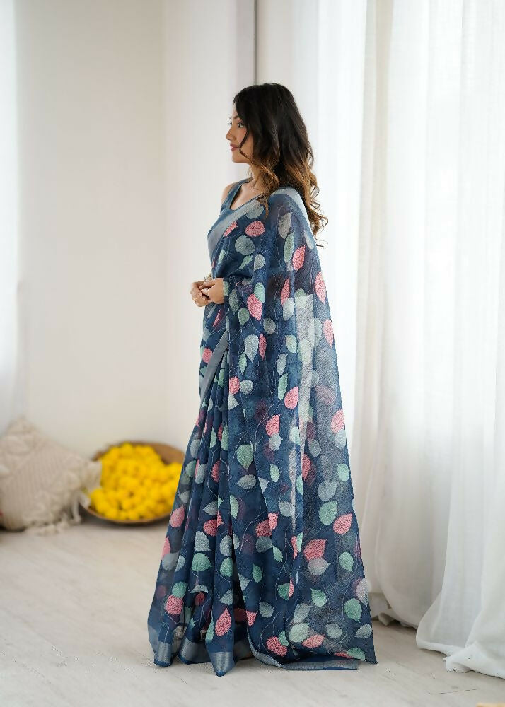 Dark Blue Linen Patta Printed Saree with Coordinating Blouse