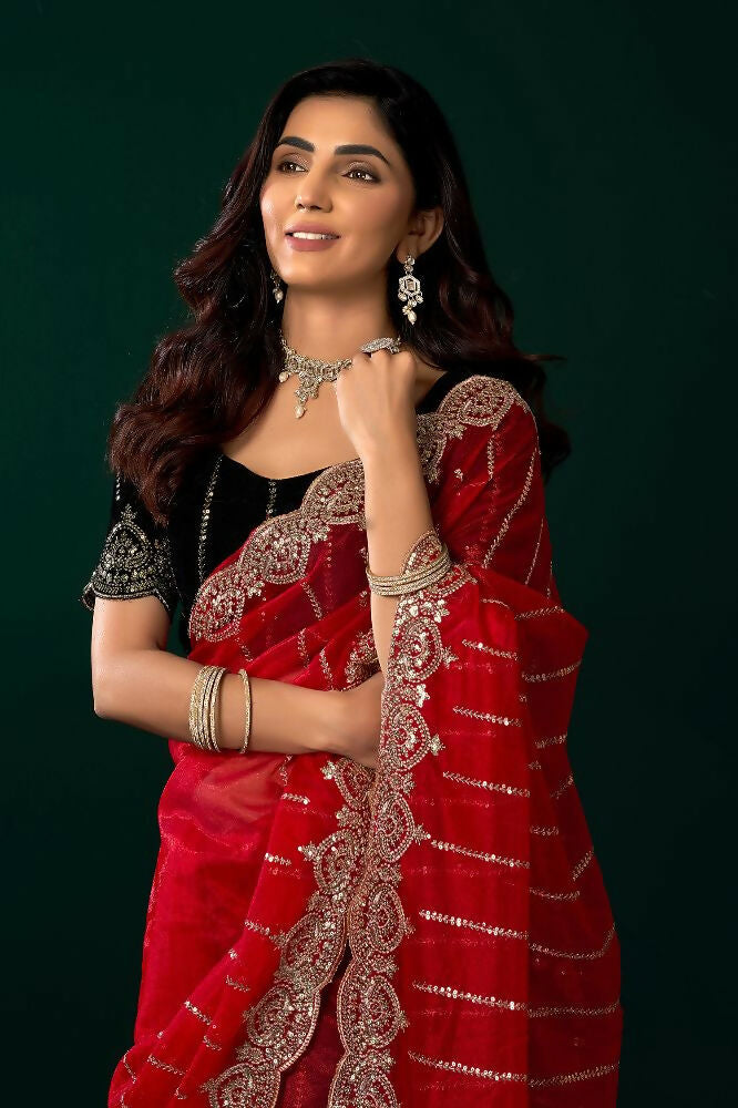 Red Net Party Wear Saree with Black Velvet Blouse