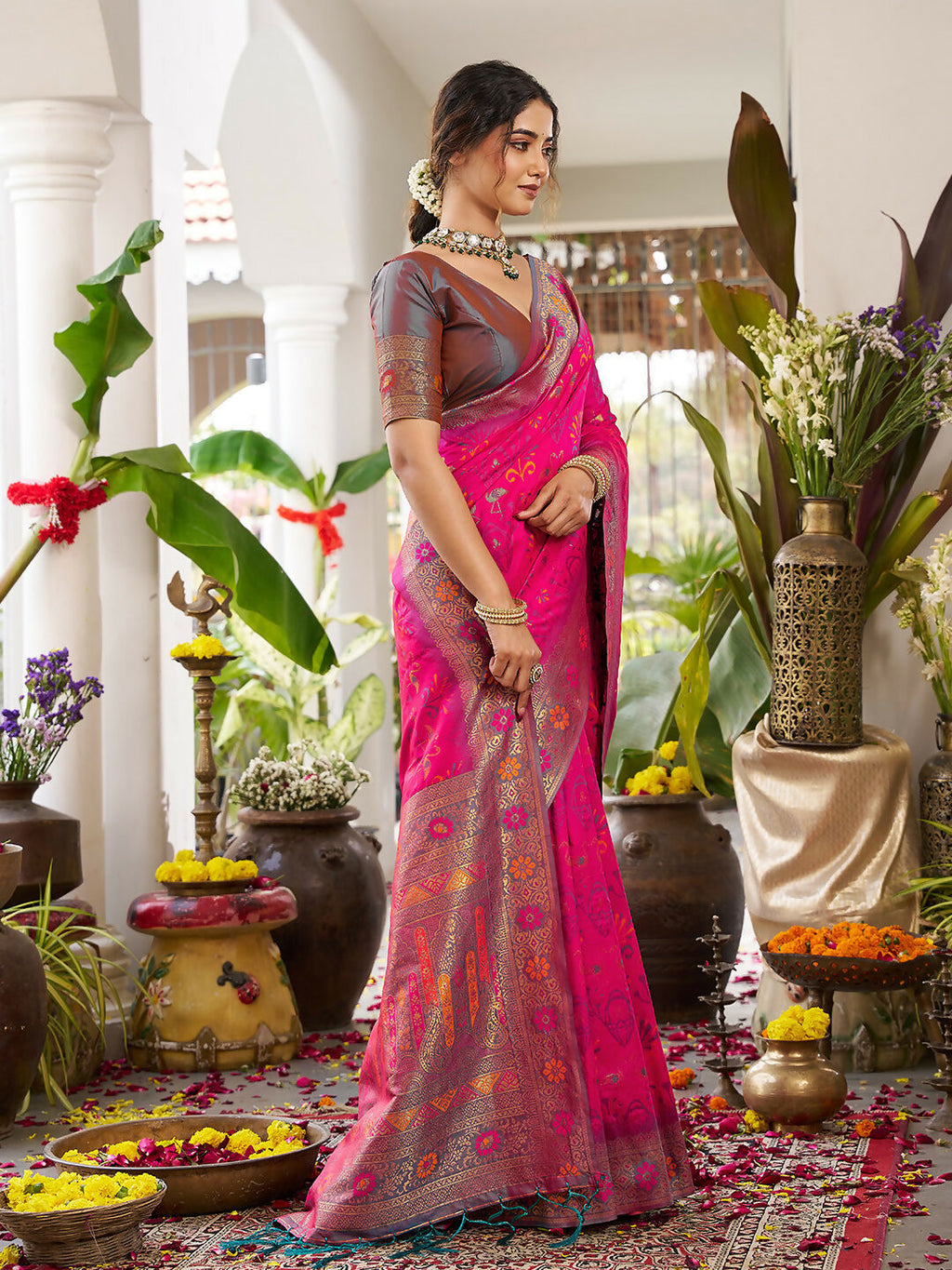 Pink Soft Silk Saree with Grey Blouse