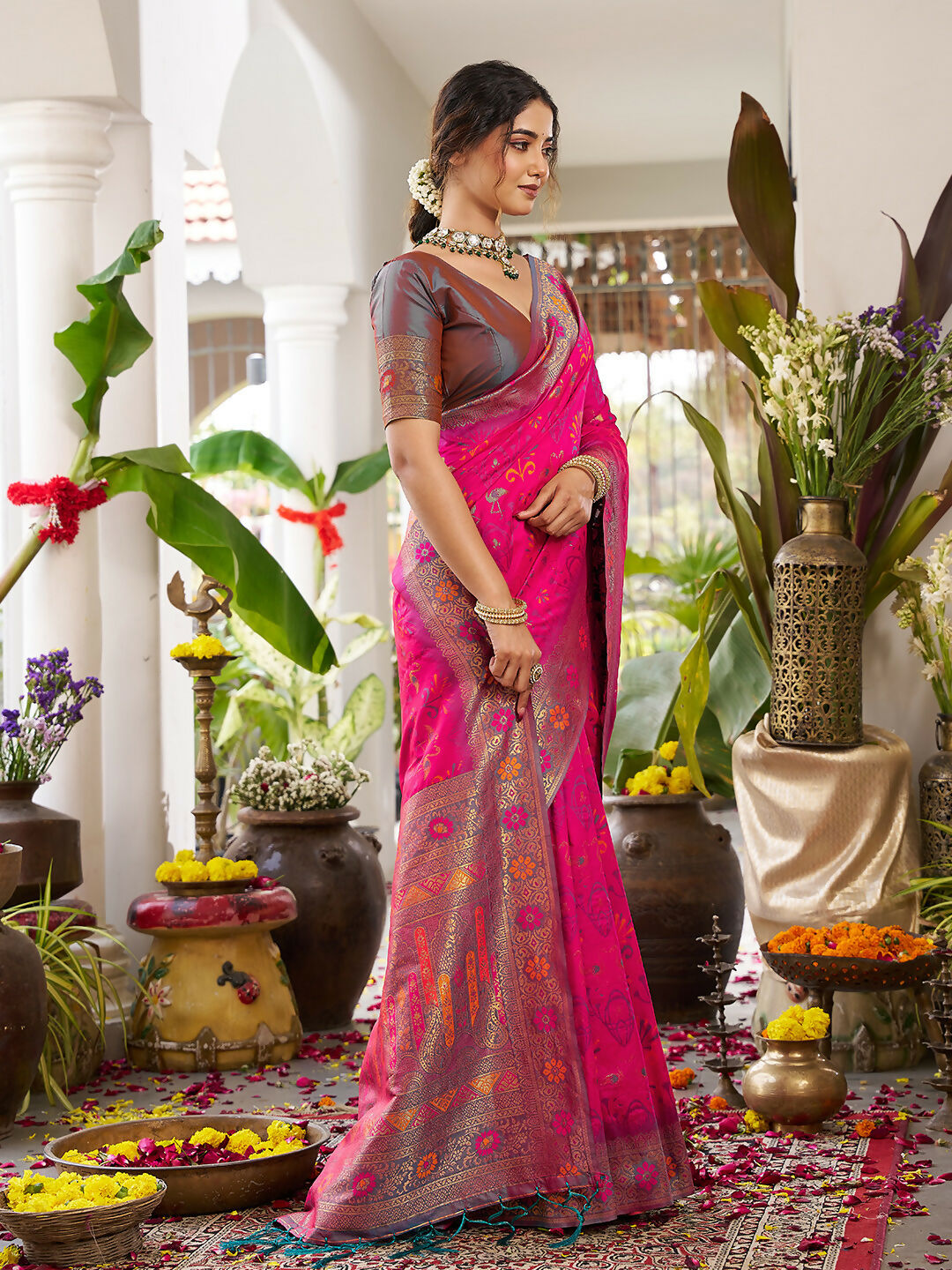 Pink Soft Silk Saree with Grey Blouse