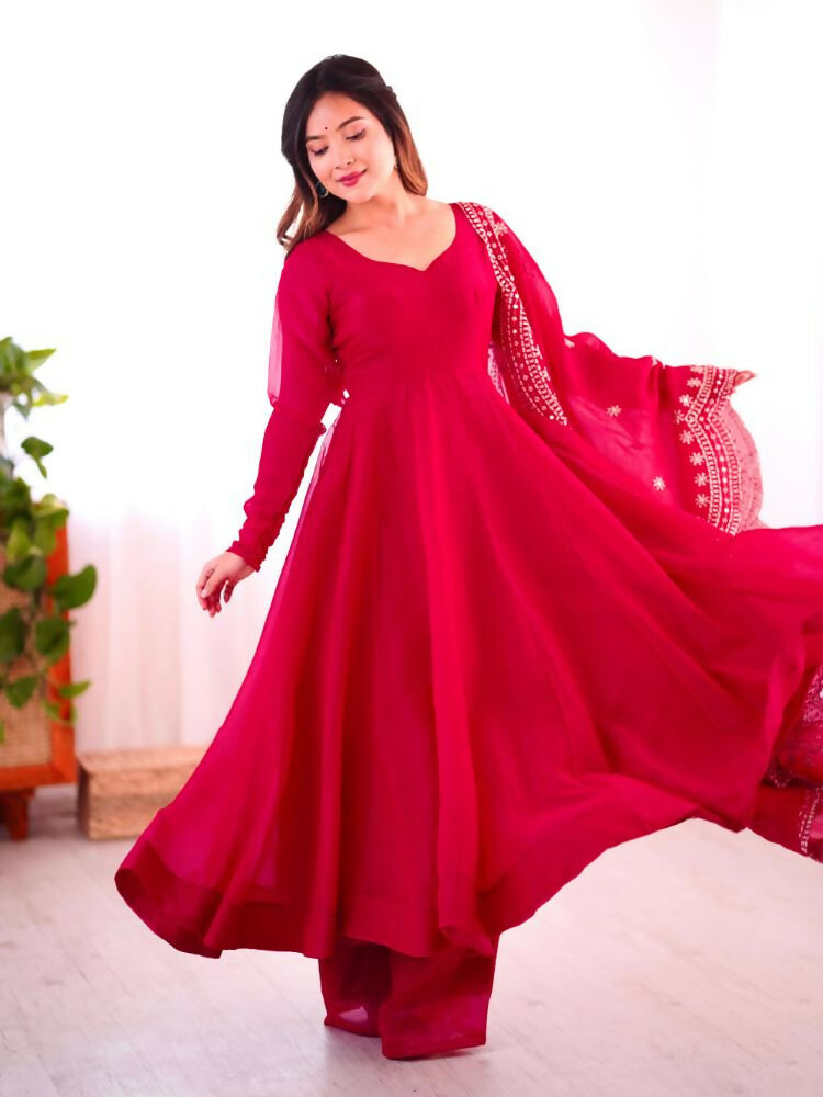 Red Chinnon Silk readymade kurta set with sequence embroidery and cotton inner lining