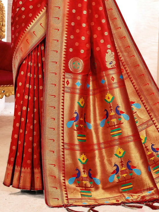 Red Paithani Silk Saree with Matching Blouse Piece