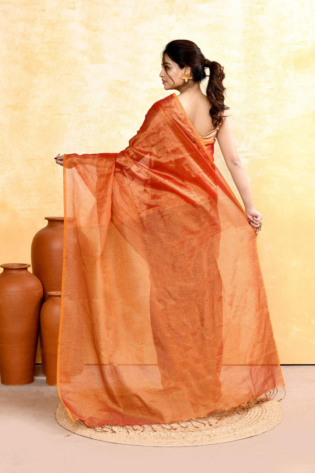 Rust Dual Tone Organic Tissue Saree with Blouse Piece