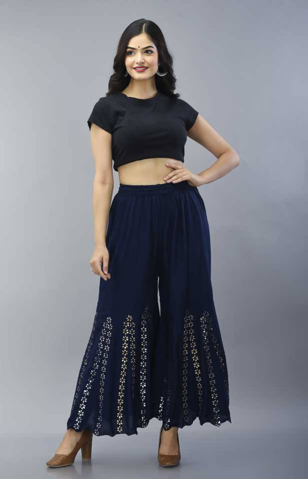 Navy Blue Mirror Work Palazzo Pants - Comfortable Wide Leg Bottoms