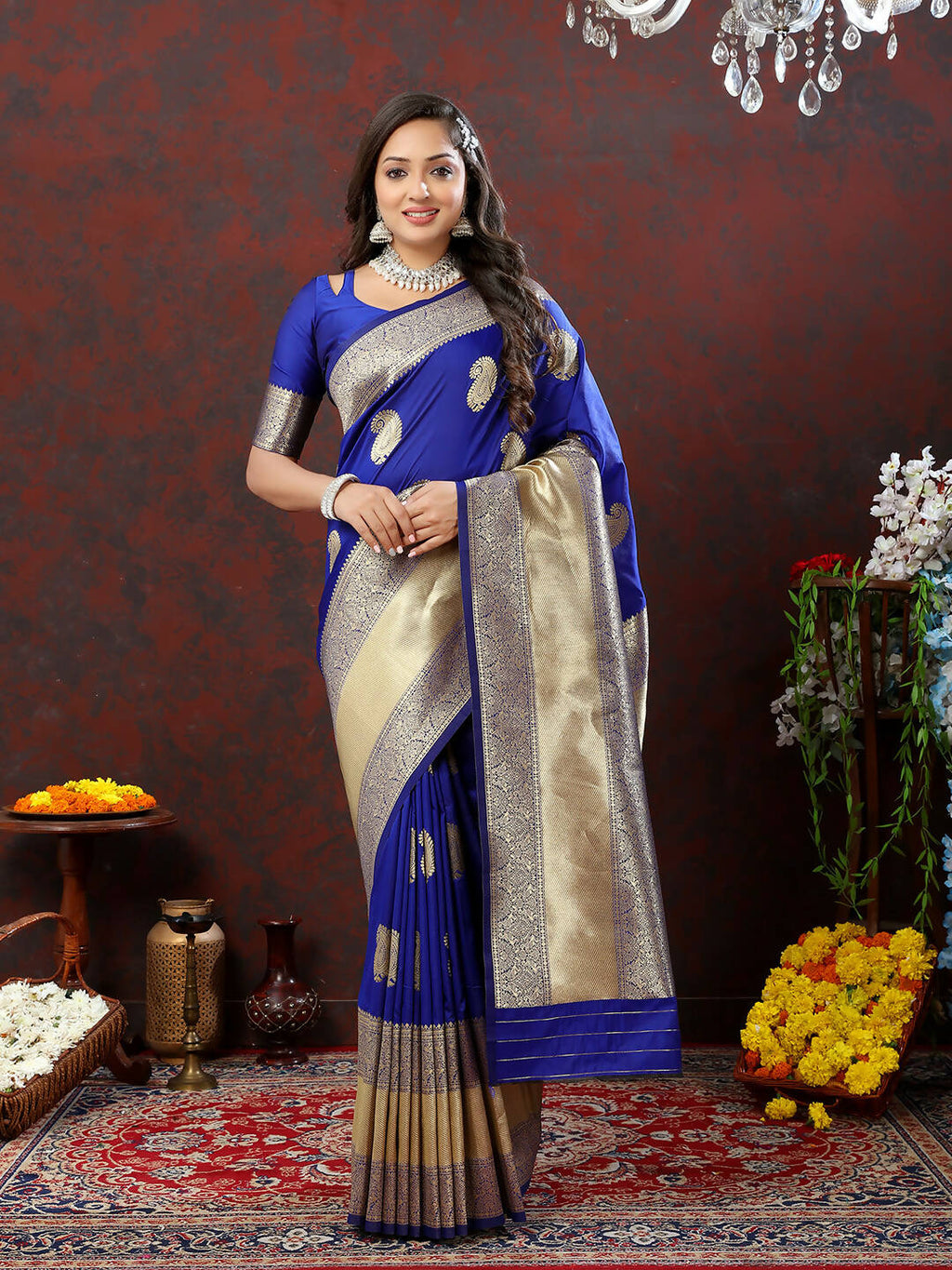 Blue Soft Silk saree with gold zari weaving pattern