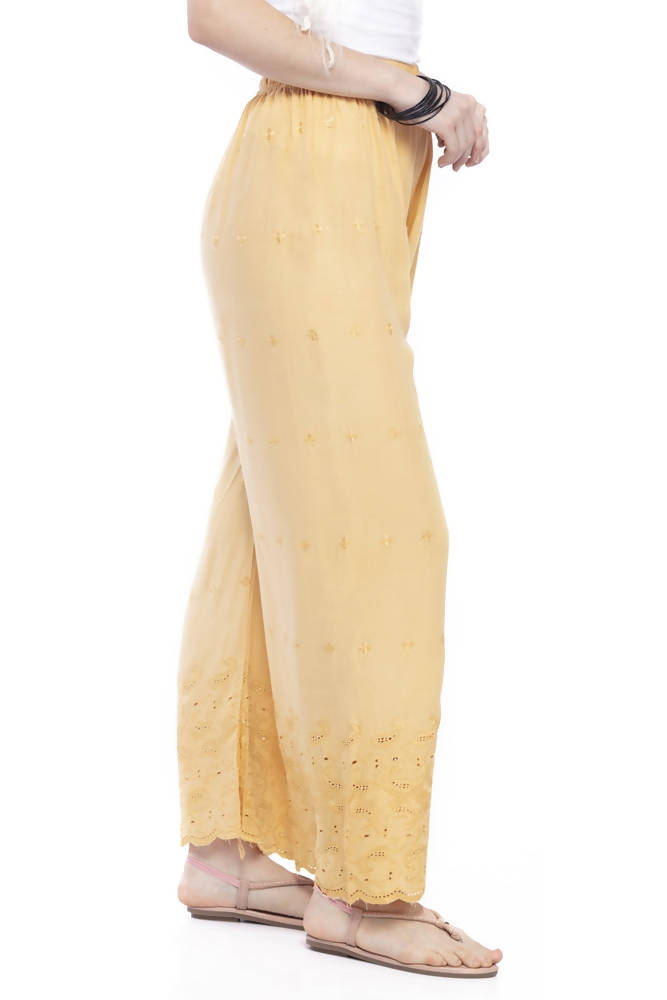 Dark Golden Chikan Embroidery Rayon Cotton Palazzo Pants