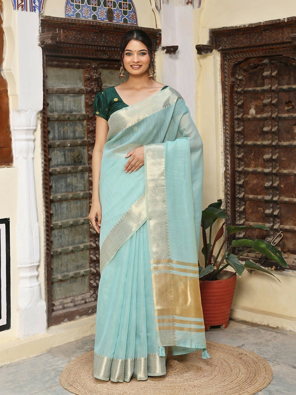 Sky Blue Cotton Saree with Contrast Green Blouse