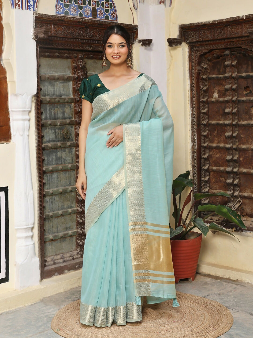 Sky Blue Cotton Saree with Contrast Green Blouse