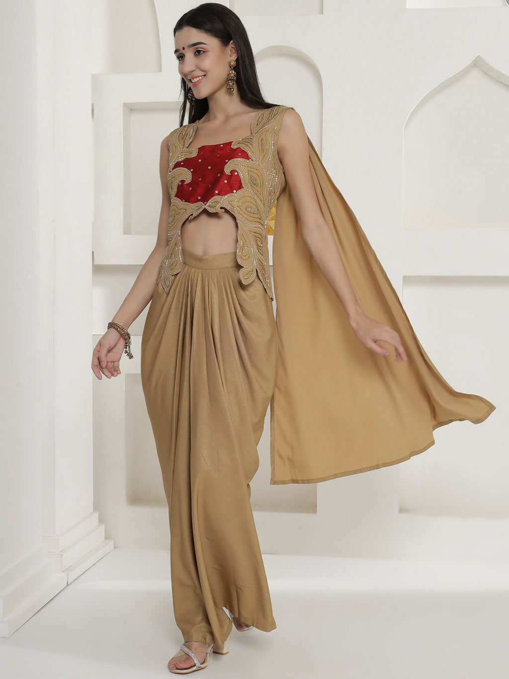 Golden Shimmer Chinnon Skirt Set with Hand Embellishment
