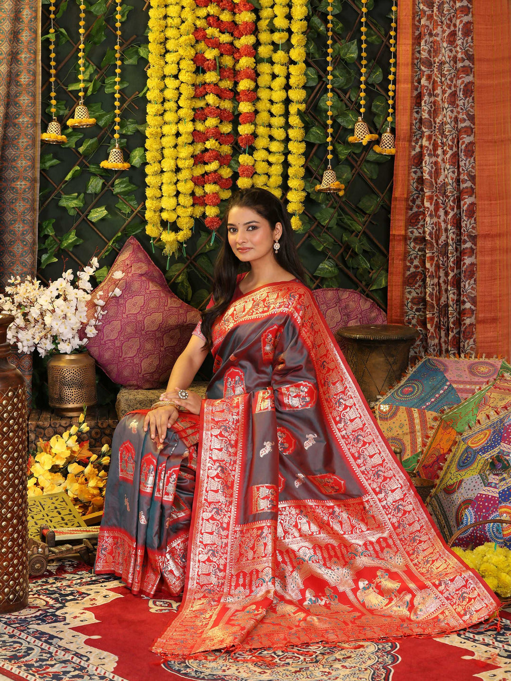 Grey Silk Saree with Contrasting Red Blouse