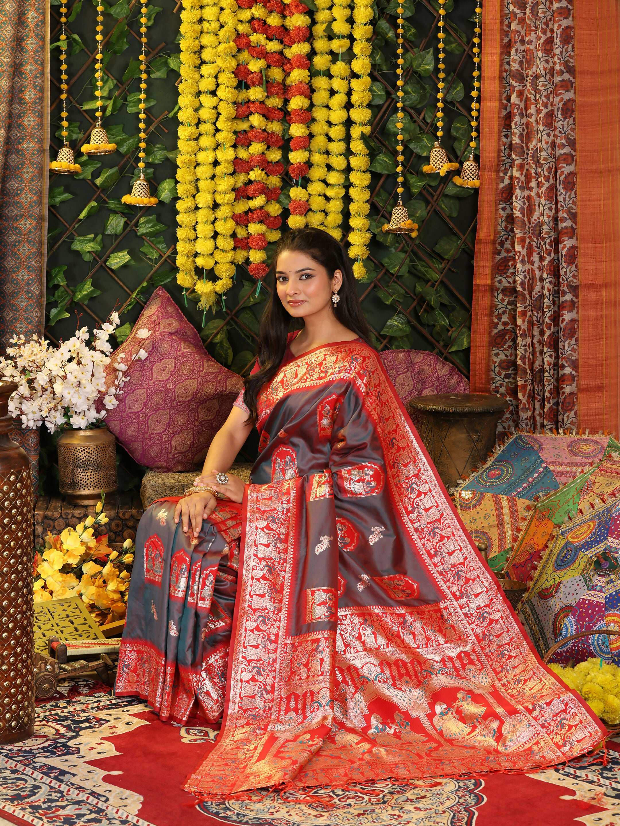 Grey Silk Saree with Contrasting Red Blouse