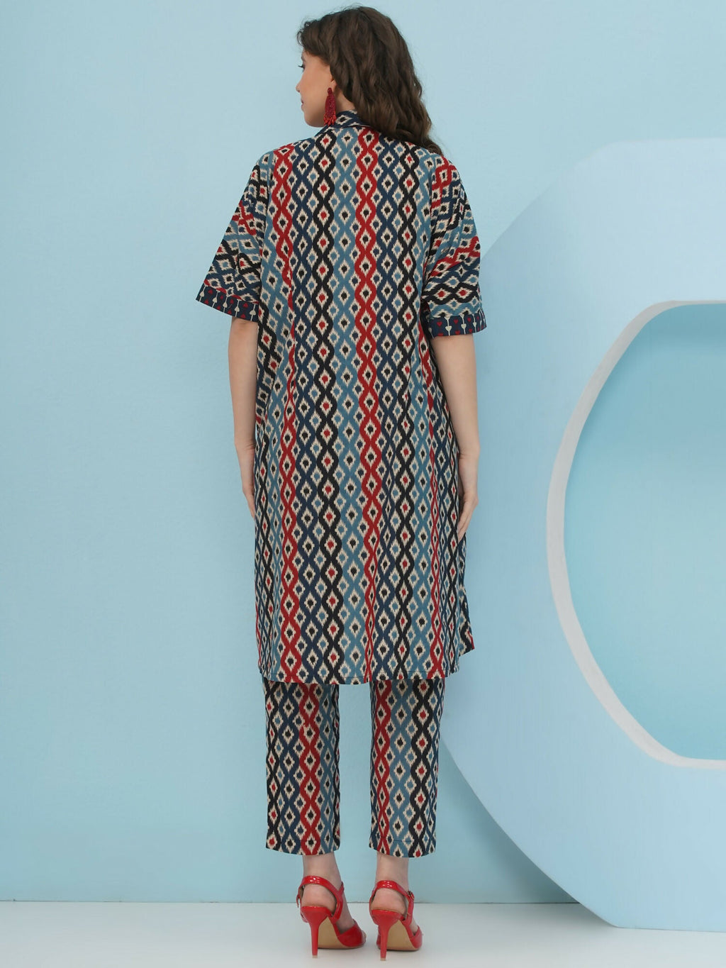 Blue Red Ikkat Print Cotton Kaftan Set for Women