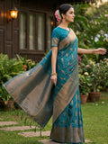 Beautiful Rama Blue silk blend saree with matching blouse material