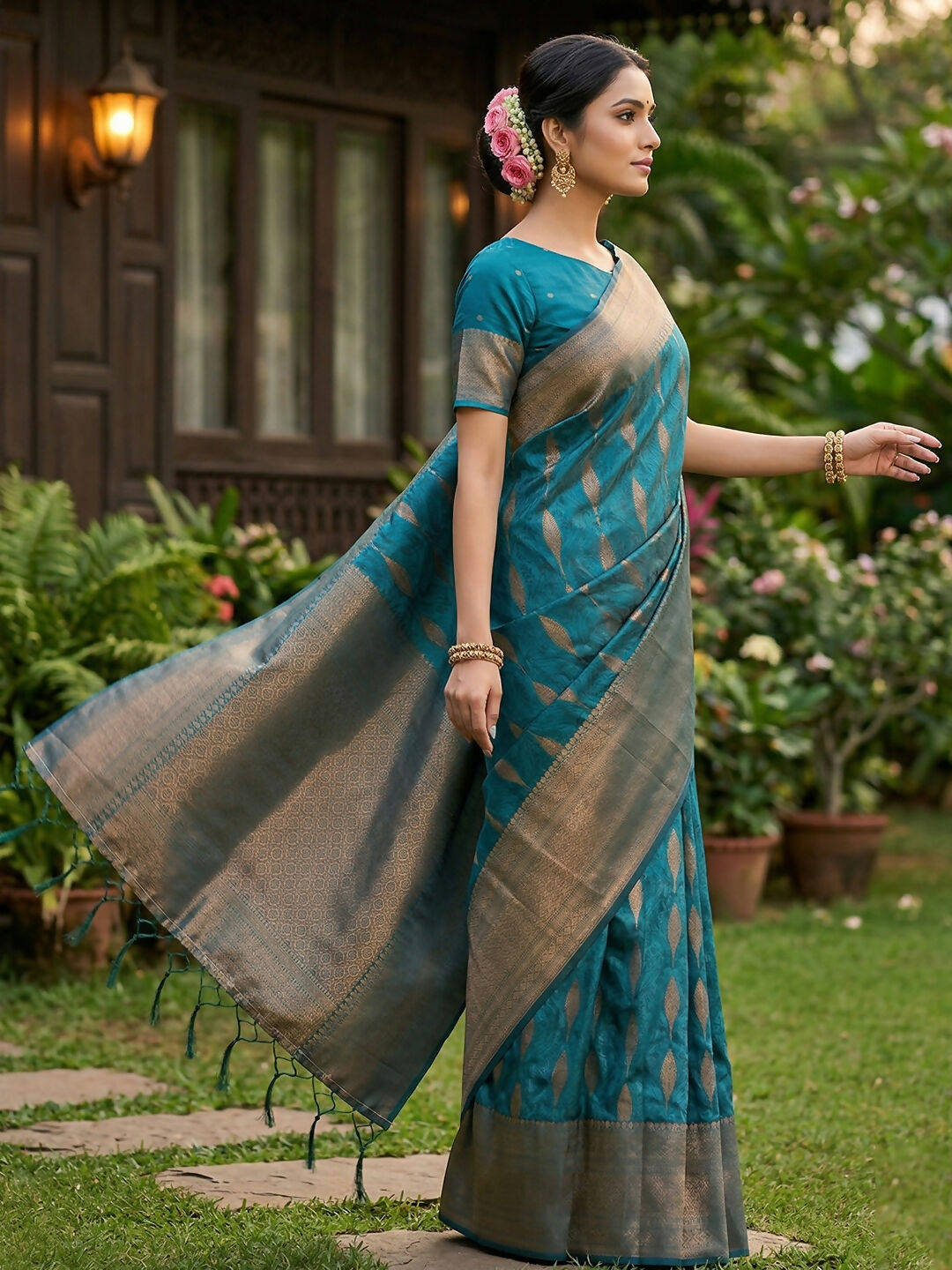 Beautiful Rama Blue silk blend saree with matching blouse material