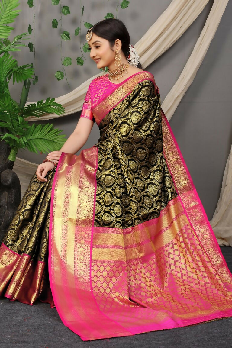 Black Kanjivaram Silk Saree with Pink Blouse and Zari Work