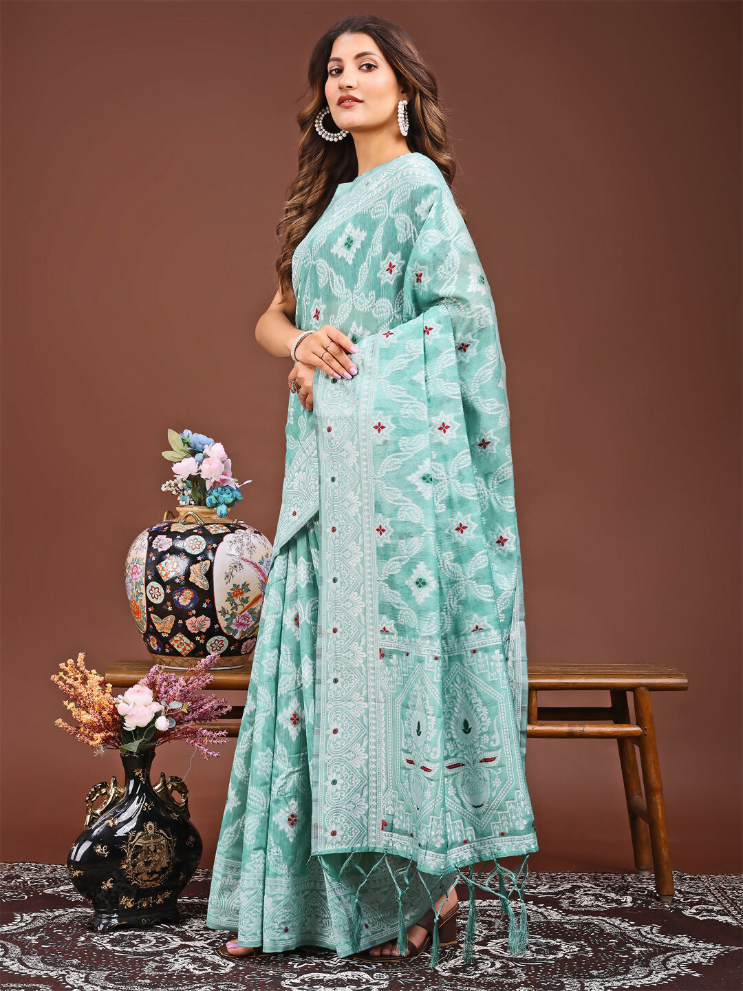 Pankhuri Sea Green Linen Cotton Saree
