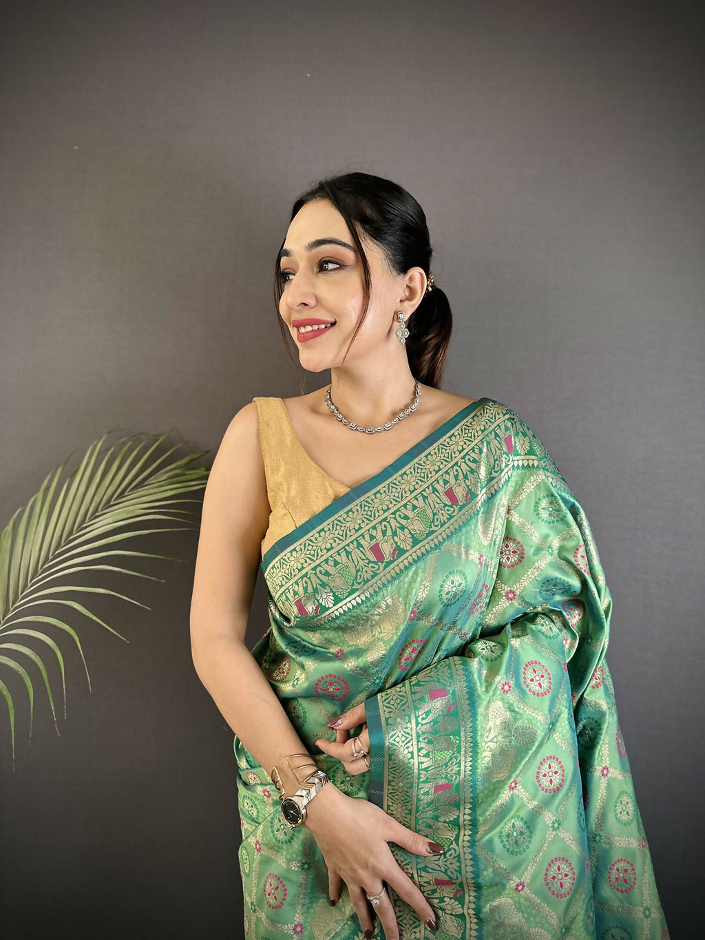 Aqua Green Geometric Print Soft Silk Patola Saree with Blouse