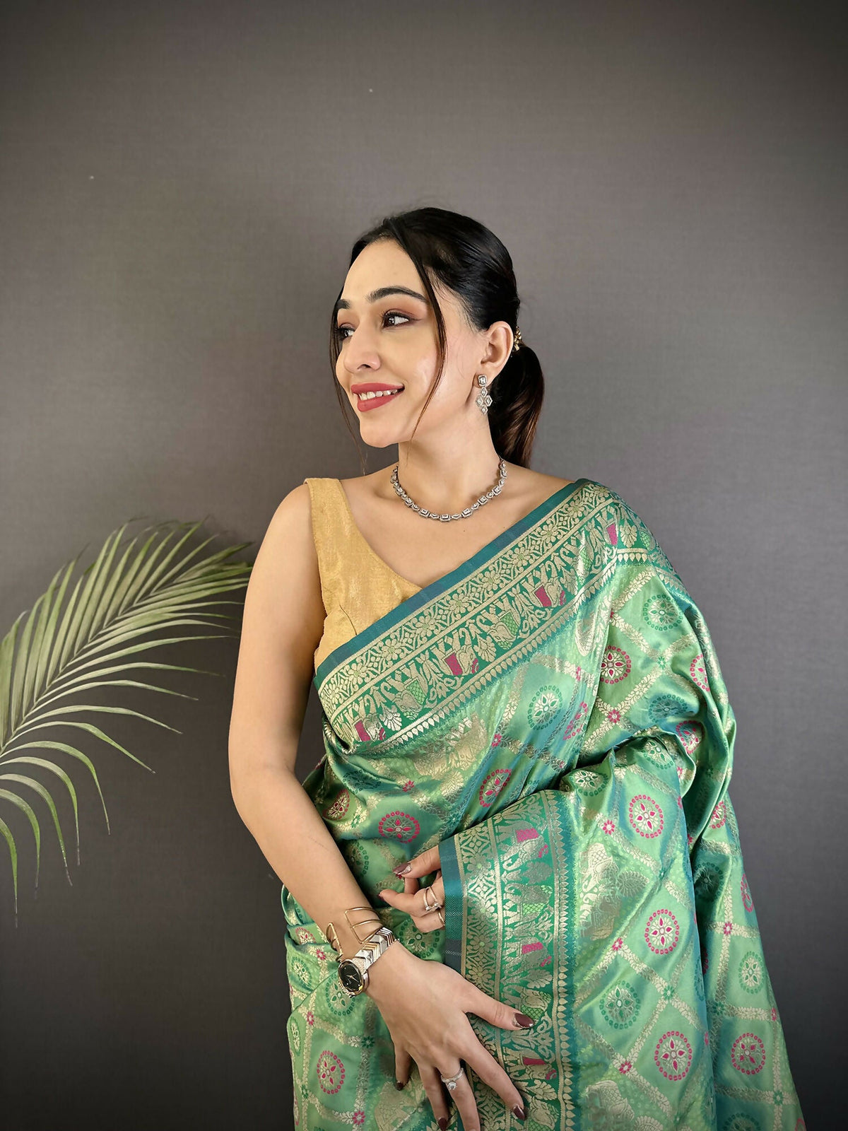 Aqua Green Geometric Print Soft Silk Patola Saree with Blouse