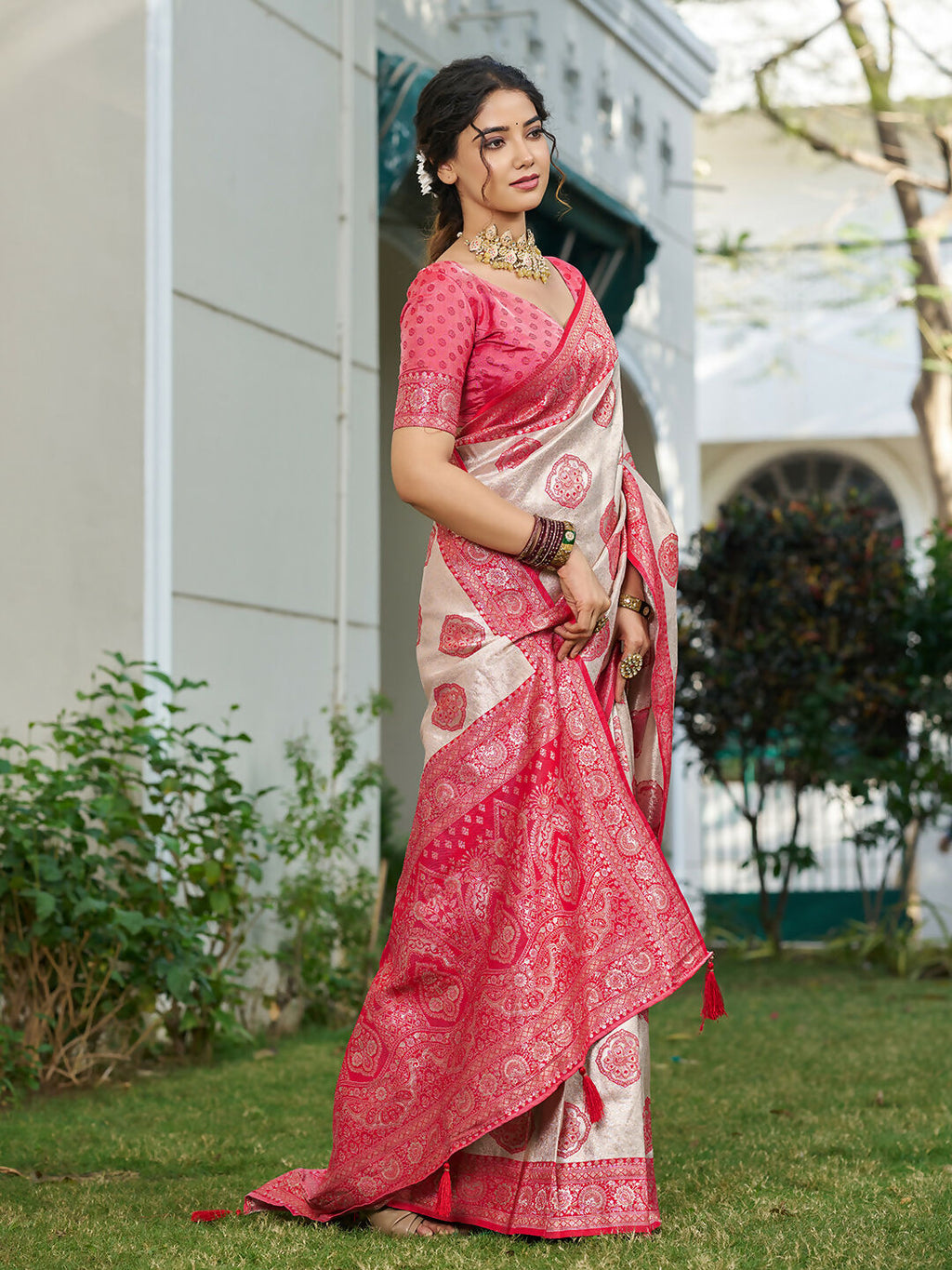 Cream and Red Silk Blend Saree with Matching Blouse