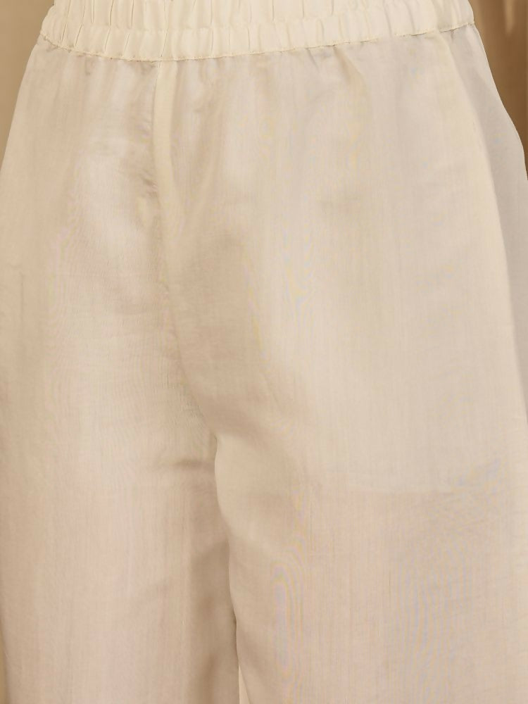 Women's Cream Roman Silk Embroidered Kurta Set with Shirt Collar