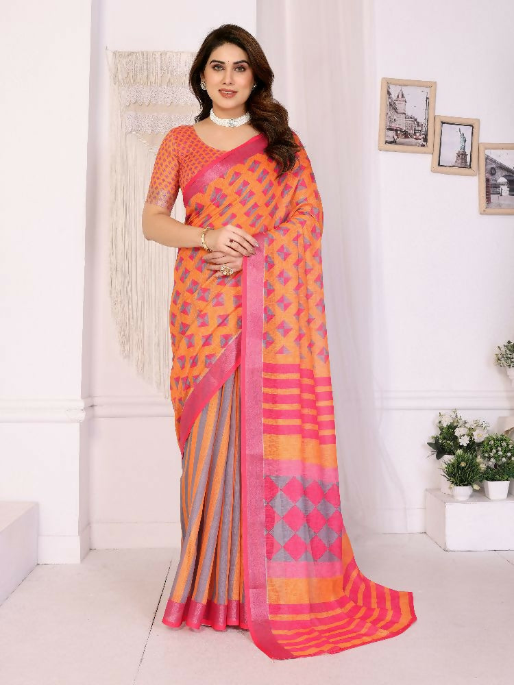 Vibrant orange handloom linen cotton saree with fine zari border.