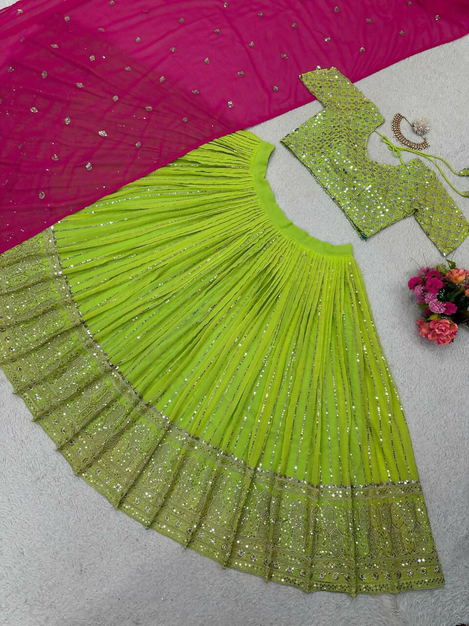Green Faux Georgette Sequins Embroidered Lehenga Choli Set