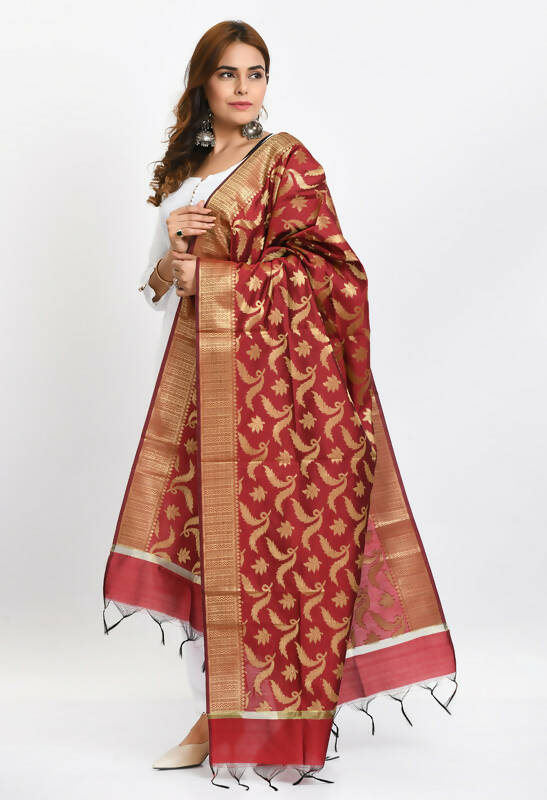 Maroon Banarasi Silk Dupatta with Floral Woven Gold Design