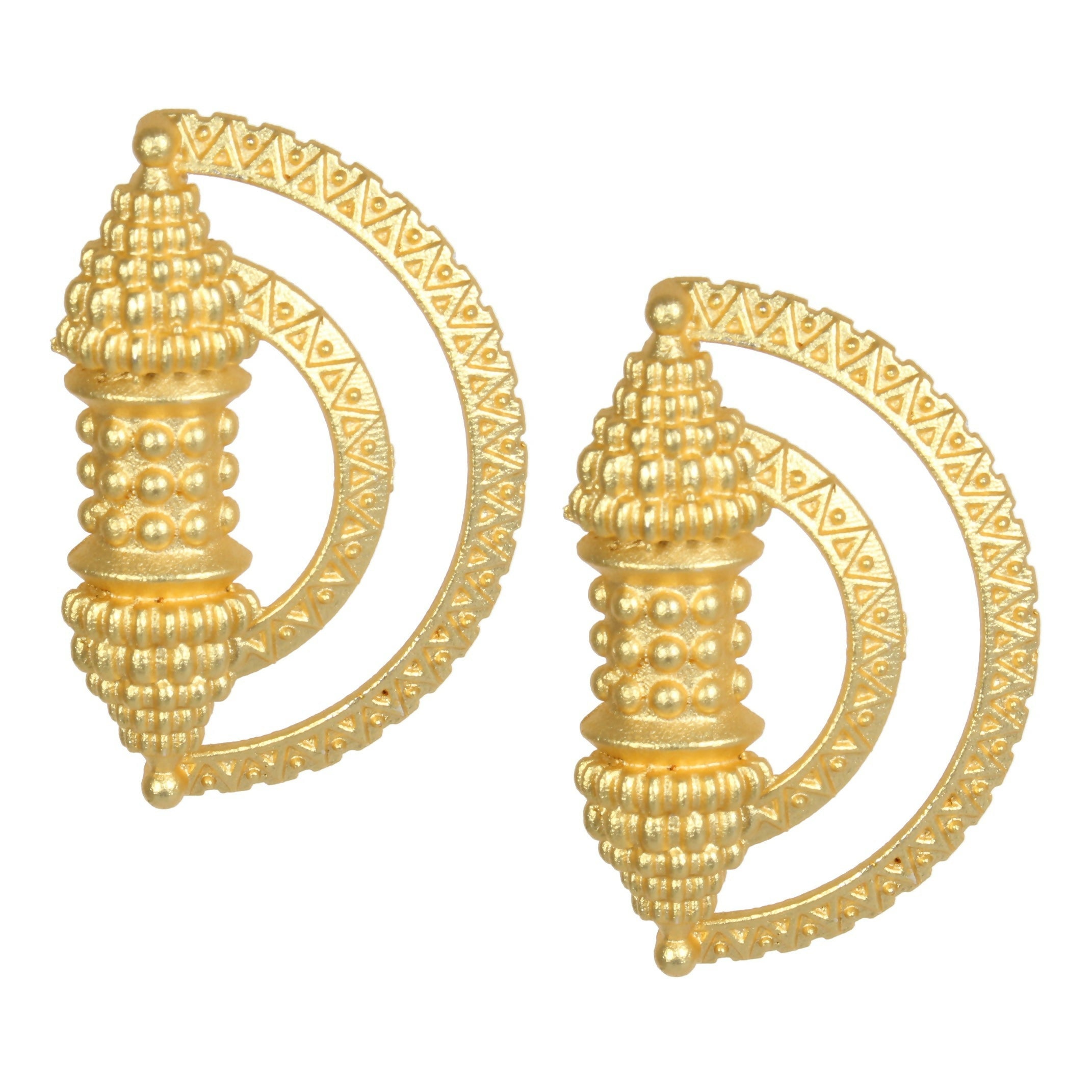 Close-up of elegant Joban Fashion matte gold brass earrings with intricate handcrafted patterns