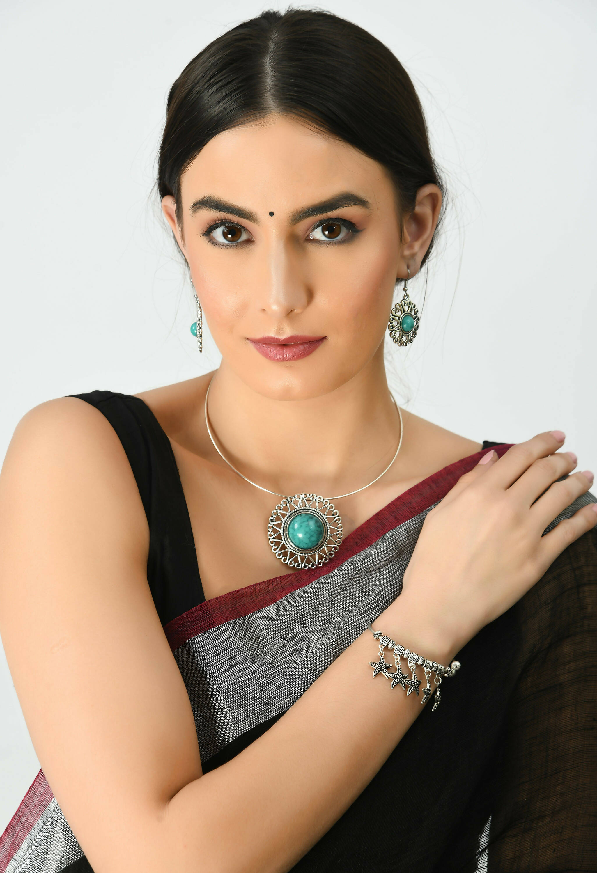Oxidised Silver-Plated Stone Work Choker Necklace for Women