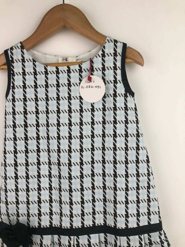 Girls Monochrome Box Print A-Line Party Dress with Bow Detail