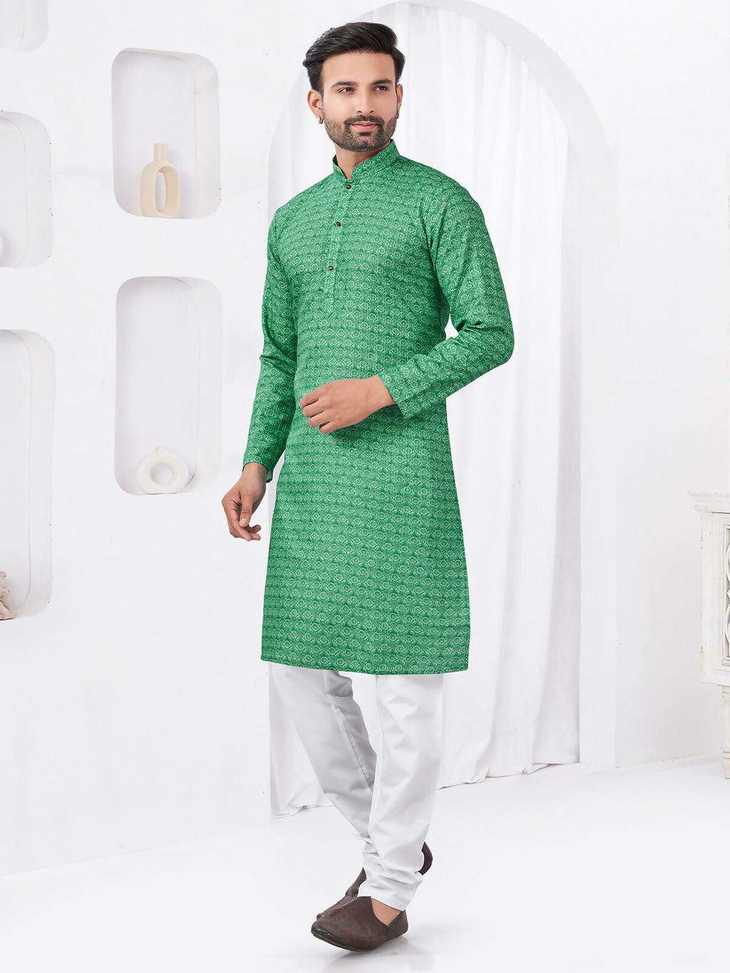 Boys Green Rayon Cotton Printed Kurta Pyjama Ethnic Set
