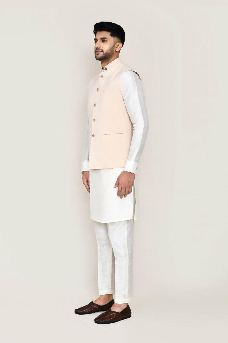 Classic White Art Silk Kurta, Jacket and Straight Pant Set