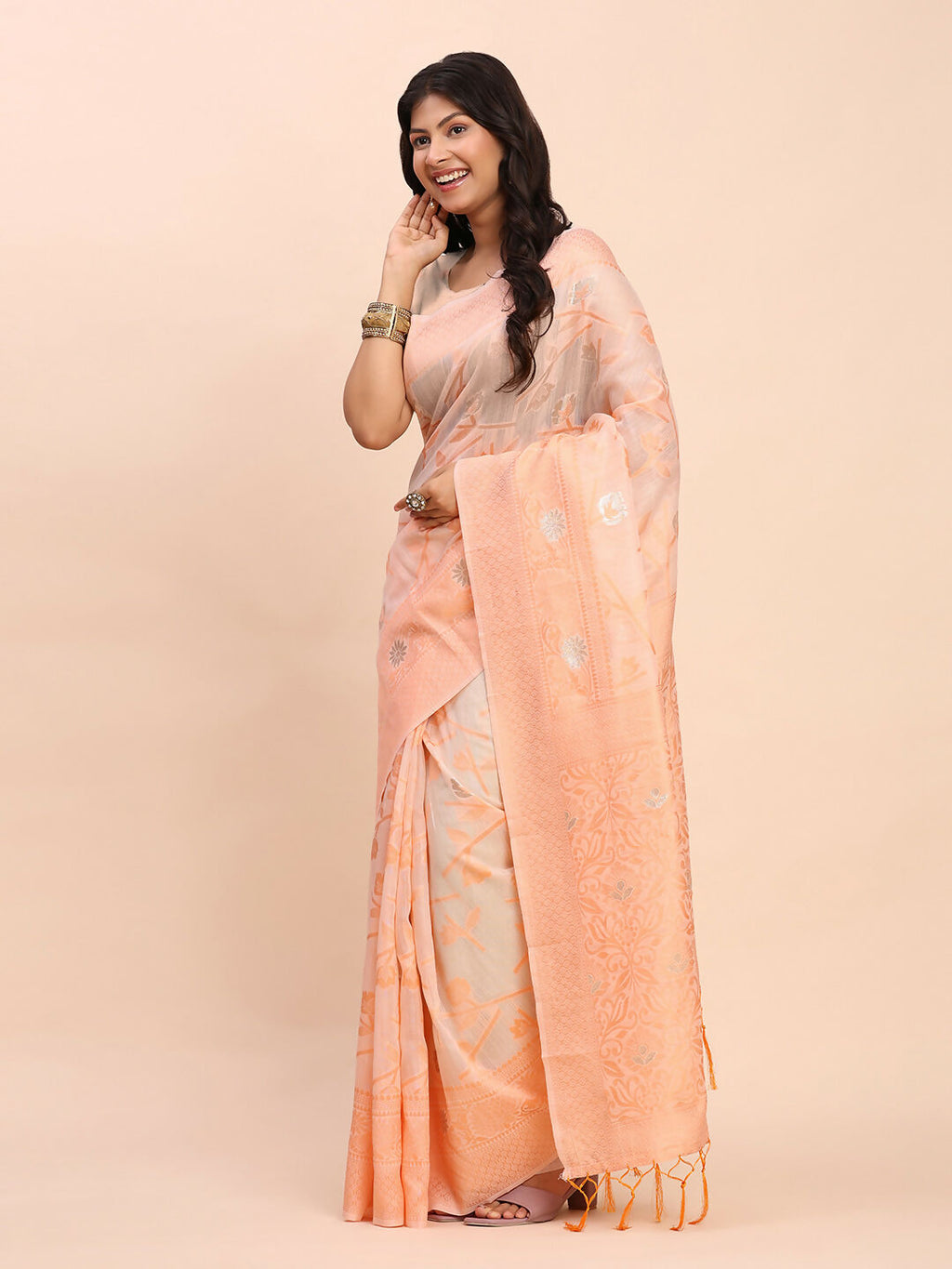Peach Linen Cotton Saree with Matching Blouse