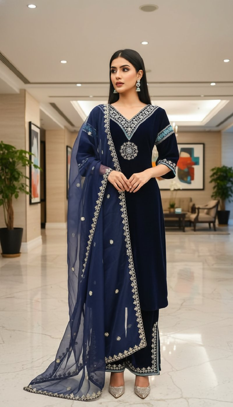 Blue Velvet Kurta Set with Intricate Embroidery and Sequence Work