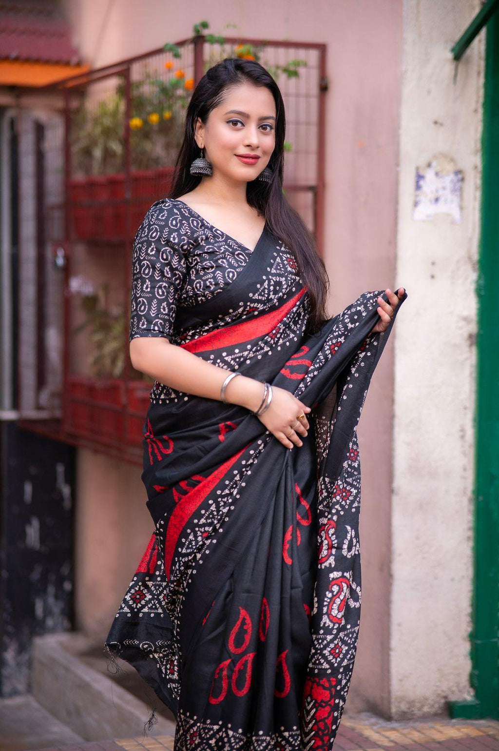 Black Silk Blend Saree with Batik Print and Matching Blouse