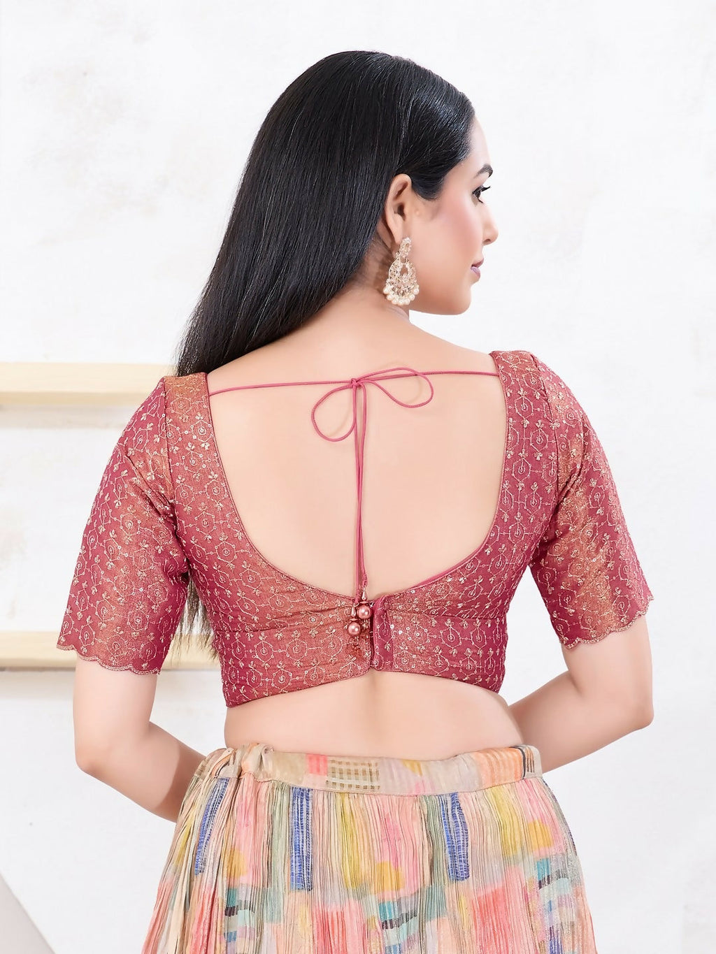 Magenta Tissue Sleeveless Sweetheart Neck Back Open Blouse