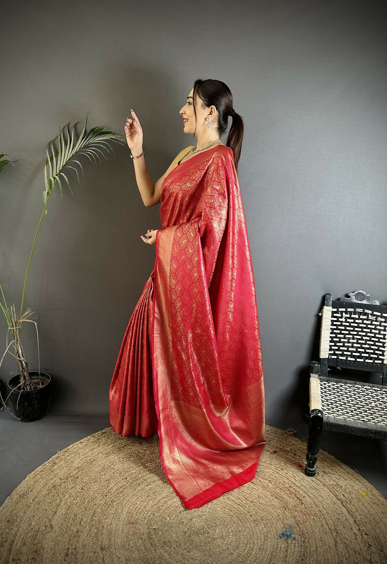 Red Paisley & Floral Soft Satin Silk Banarasi Saree with Blouse