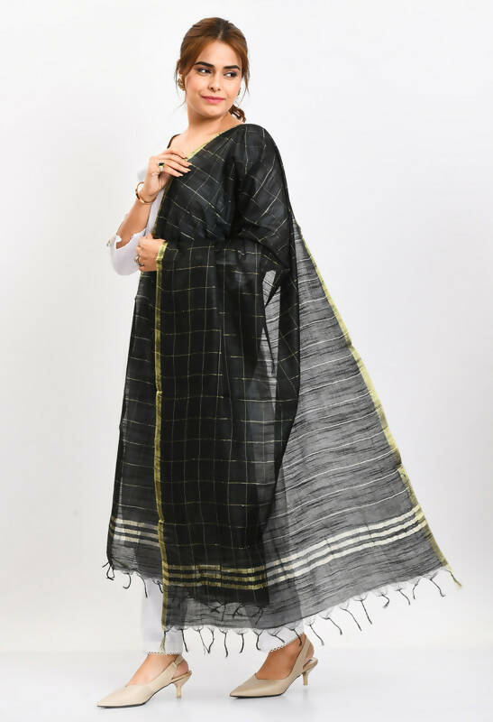 Black Cotton Zari Box Pattern Dupatta with Gold Accents