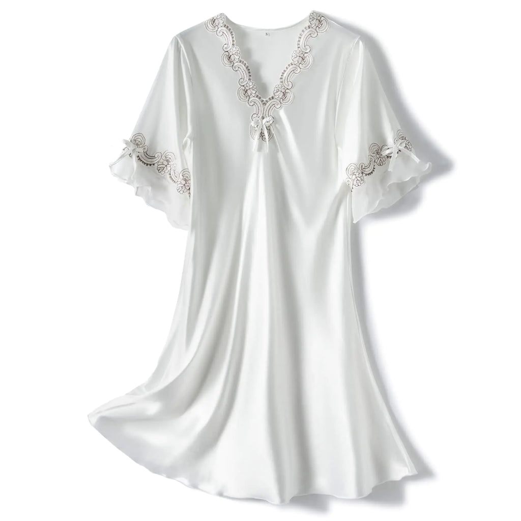 Lus Chic Womens Satin Nightgown Summer Luxury Soft Lace Short Sleeve V Neck Sleep Shirt Sleepwear White XL