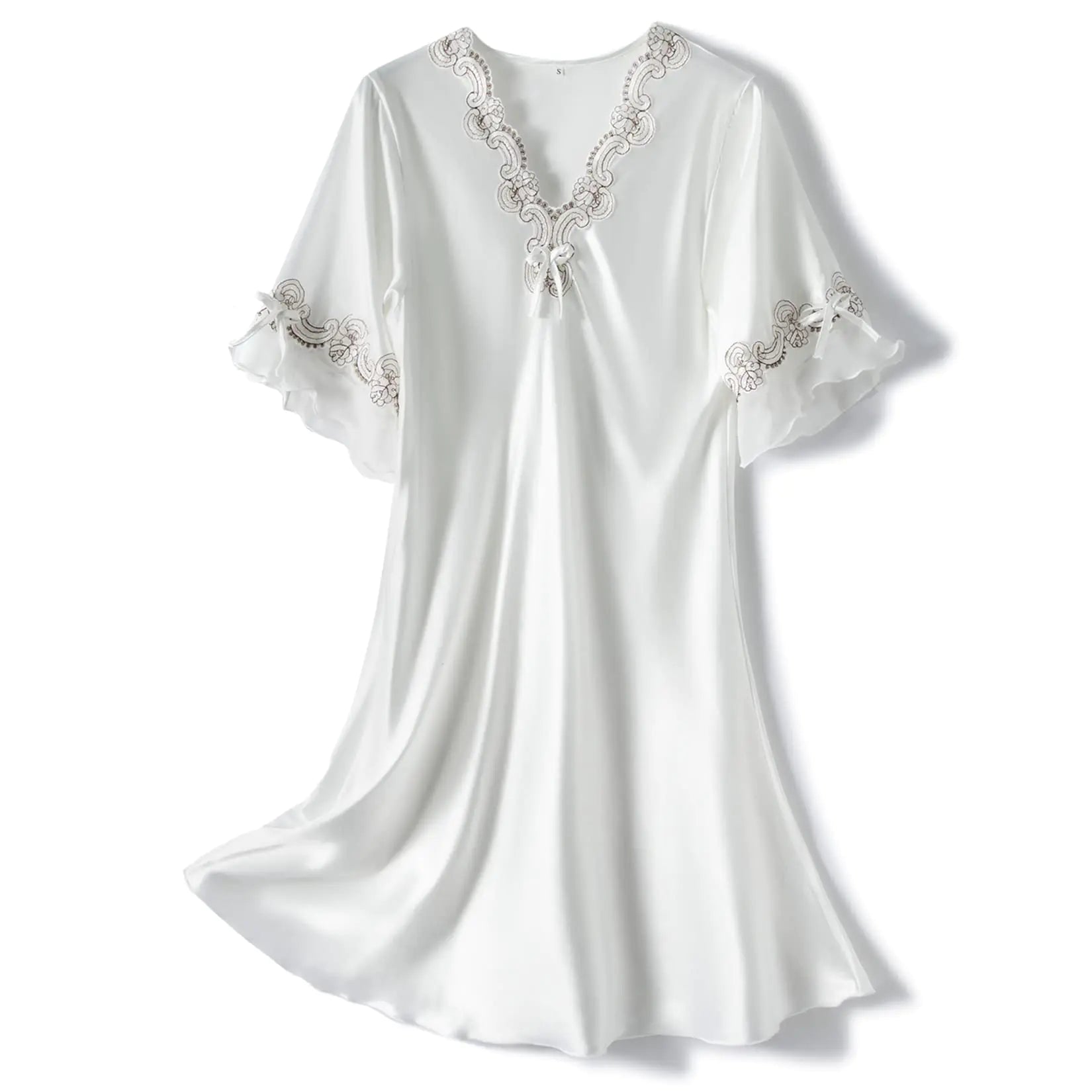 Lus Chic Womens Satin Nightgown Summer Luxury Soft Lace Short Sleeve V Neck Sleep Shirt Sleepwear White XL