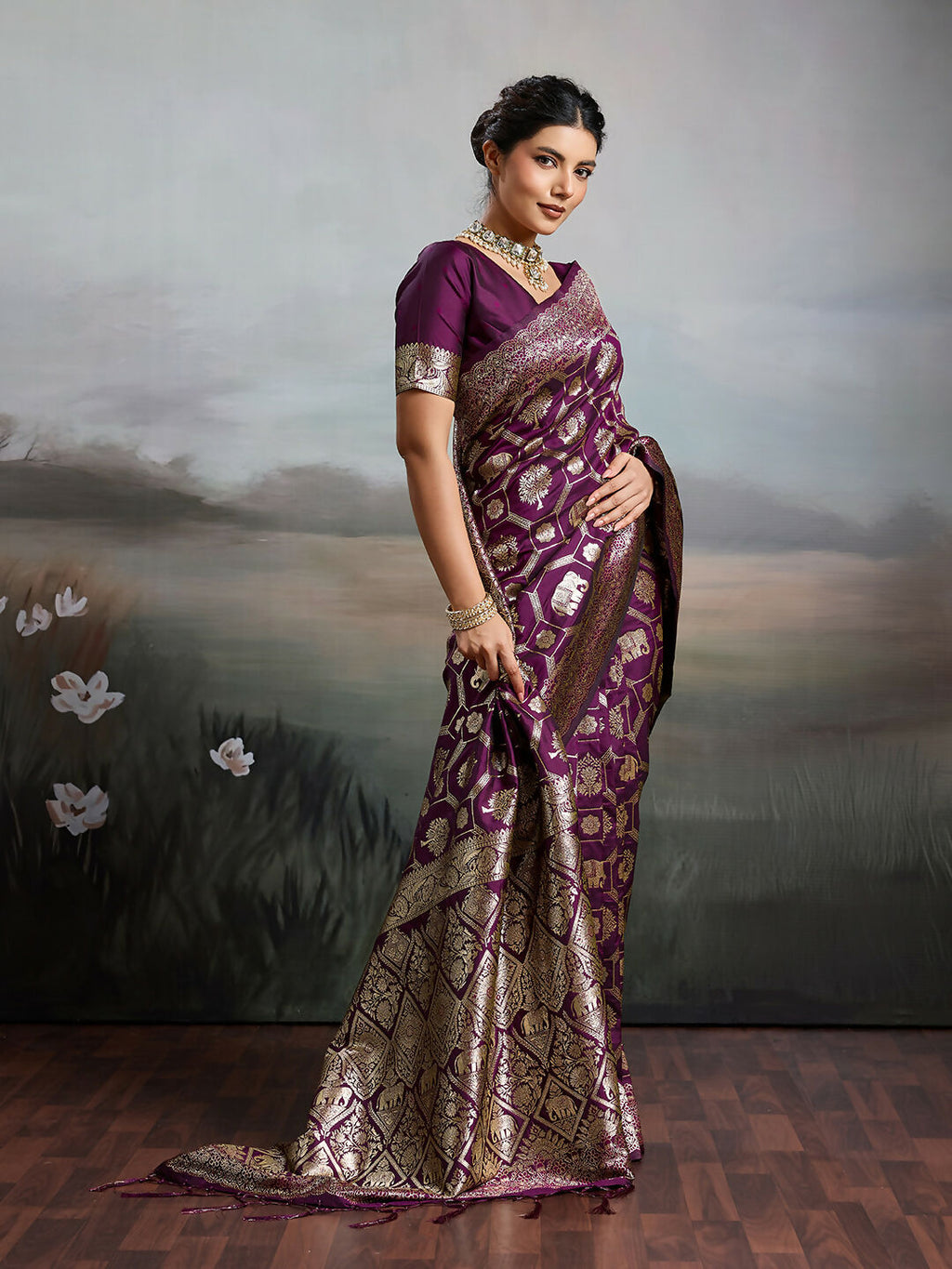 Wine Silk Blend Saree with Matching Blouse Piece