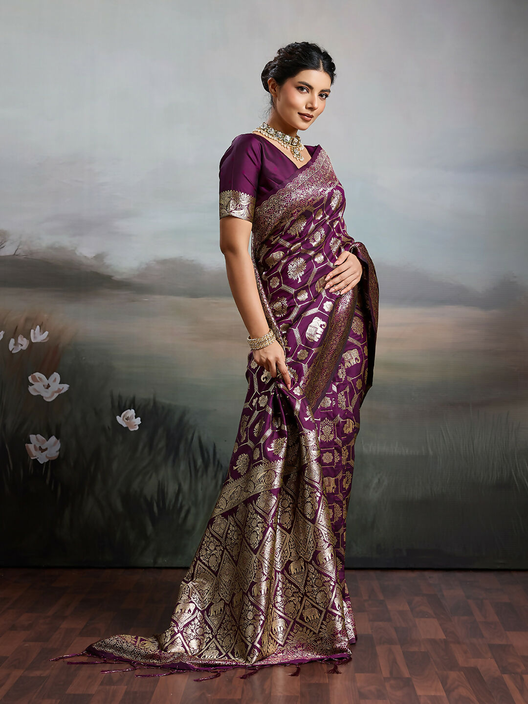 Wine Silk Blend Saree with Matching Blouse Piece