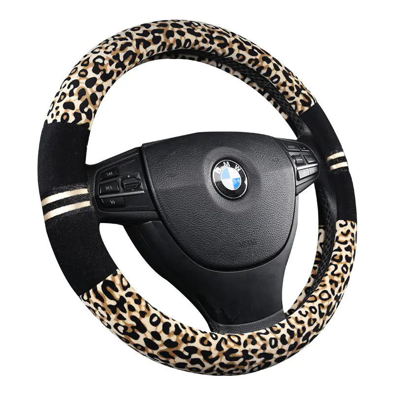 Winter Car Steering Wheel Cover - Plush Leopard Print