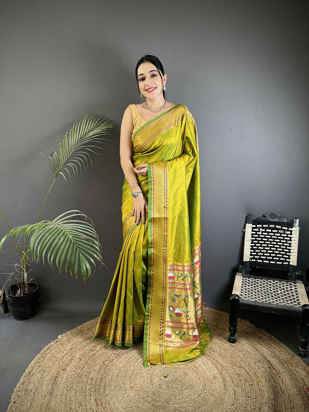 Lime Green Butti Woven Soft Lichi Silk Paithani Saree with matching blouse