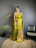 Lime Green Butti Woven Soft Lichi Silk Paithani Saree with matching blouse
