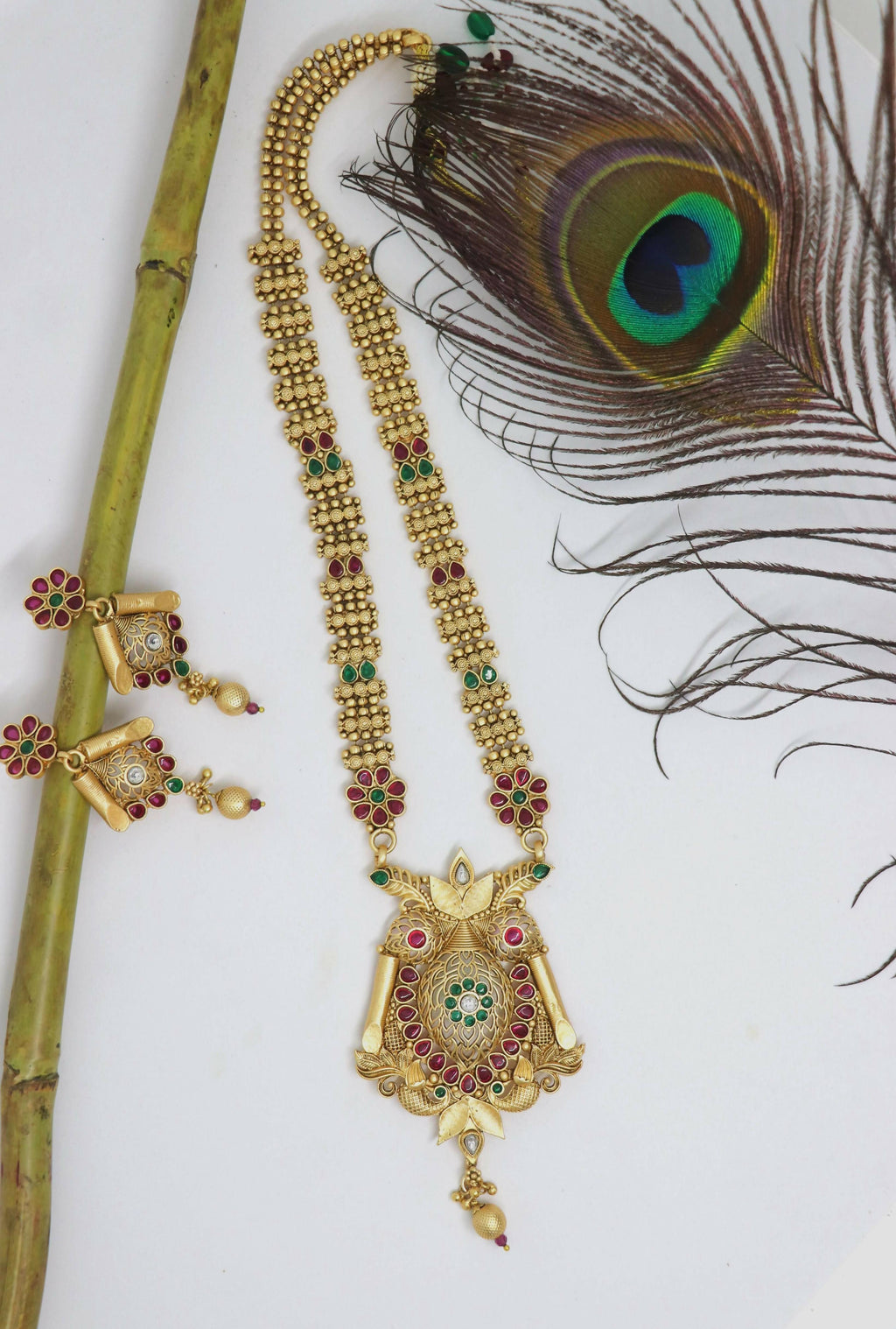 Rajwadi Polish Brass Statement Necklace Set with Stone Accents