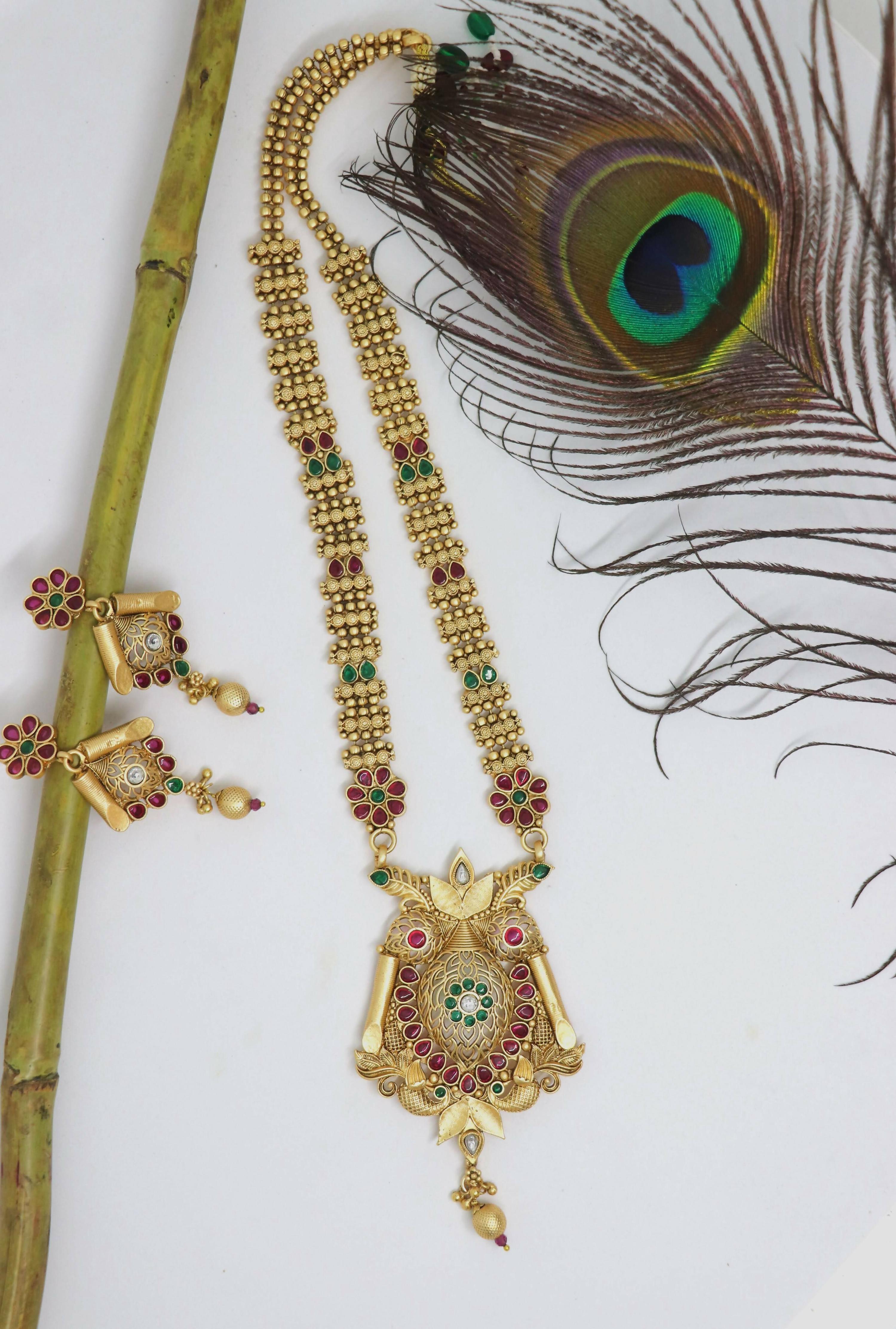 Rajwadi Polish Brass Statement Necklace Set with Stone Accents