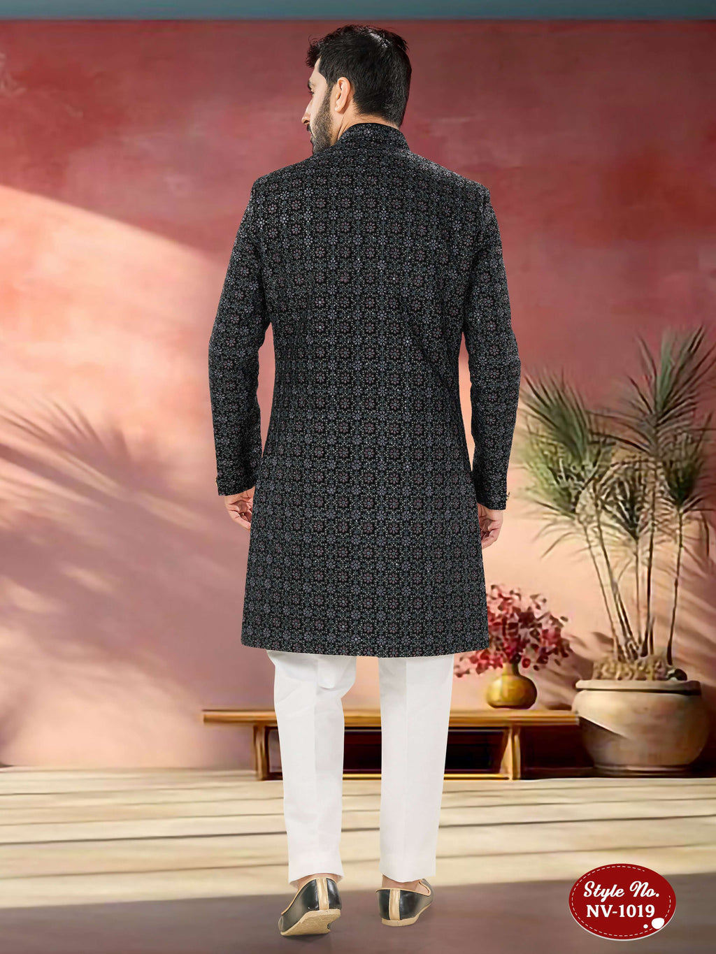 Men's Blue Velvet Indo-Western Kurta Set with Sequence Embroidery